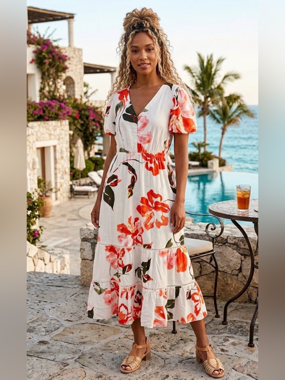 Joie Women’s Floral Linen Blend Tropical Resort Small Midi Dress